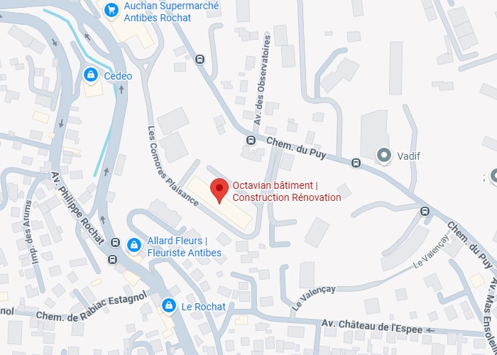 Carte Octavian Bâtiment Antibes : Localisation et Accès Carte indiquant l'emplacement d'Octavian bâtiment | Construction Rénovation, près de Chem. du Puy et Les Comores Plaisance, Antibes.