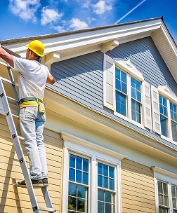 Rénovation maison : Peinture et entretien extérieur Ouvrier sur échelle avec casque jaune peignant ou inspectant le revêtement bleu et jaune d'une maison sous un ciel bleu clair.