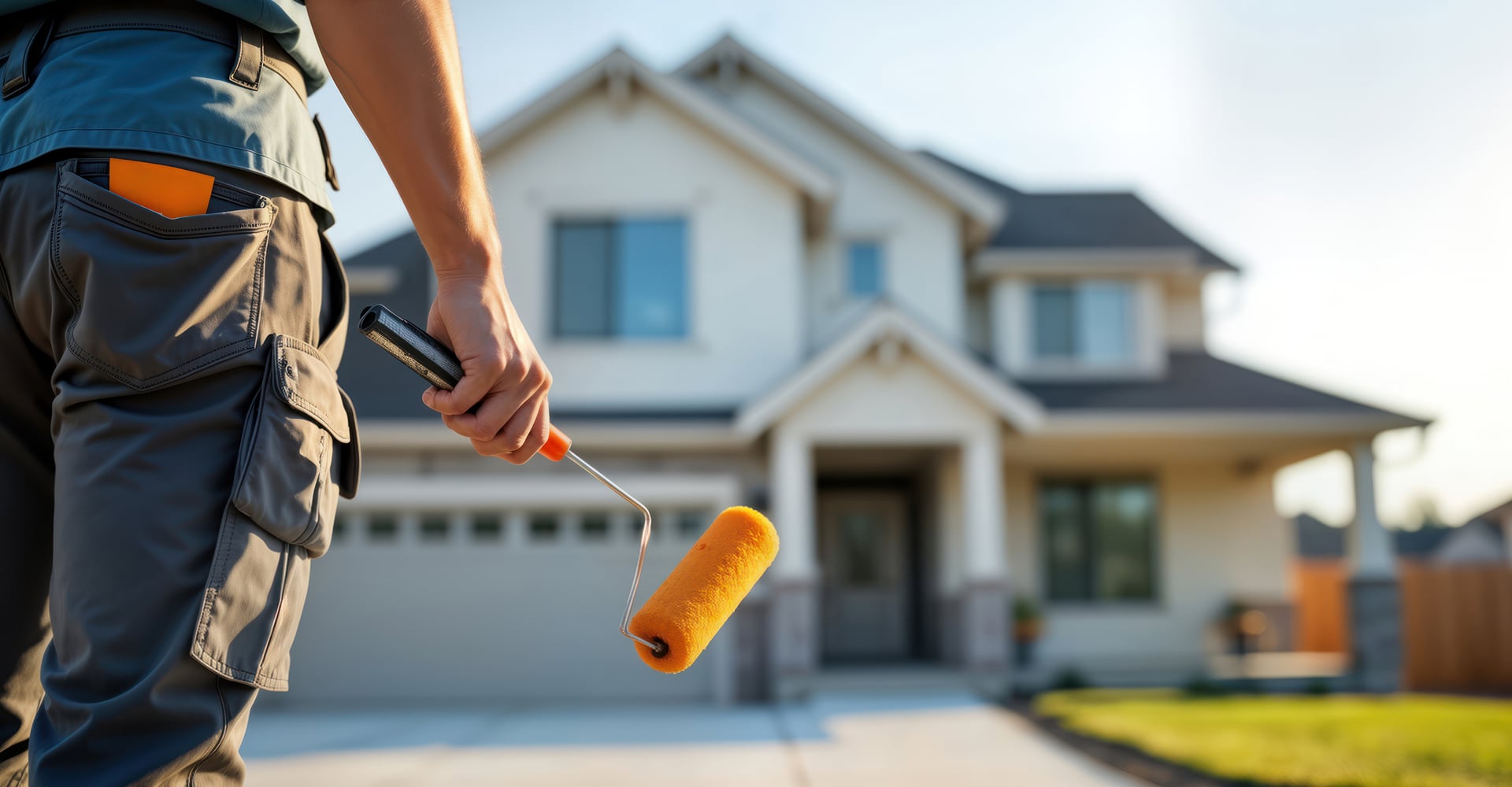 Rénovation façade maison : échafaudage et chantier Chantier de rénovation extérieure d'une maison moderne, échafaudages métalliques devant les façades couleur crème sous un ciel bleu avec nuages.